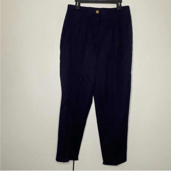 OLD MONEY STYLE 90s LAURÈL 100% WOOL NAVY BLUE GOLD HIGH WAIST TROUSERS SZ 42 - Picture 1 of 8
